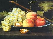 Jacob van Es Nature morte aux peches, raisins et noix sur un entablement oil painting artist